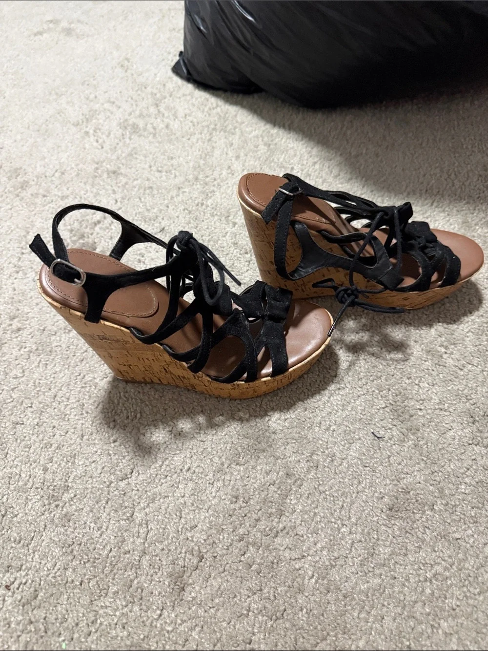 Women’s Black Strappy Lace-Up Wedge Sandals